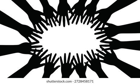 Siluetas de múltiples manos en una formación circular, que representan la comunidad, la asociación y el esfuerzo colectivo contra un fondo blanco.