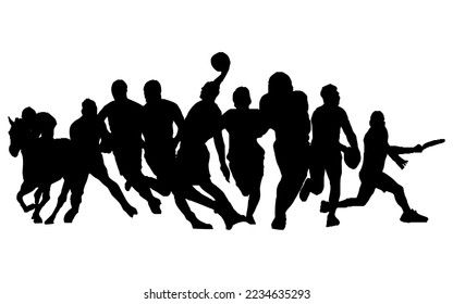 Silhouettes of multiple teams like football, basketball, cricket, baseball, horse riding