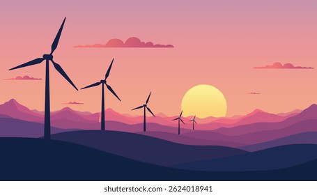 Silhouettes of multiple wind turbines against a vibrant pink and orange mountain sunset landscape