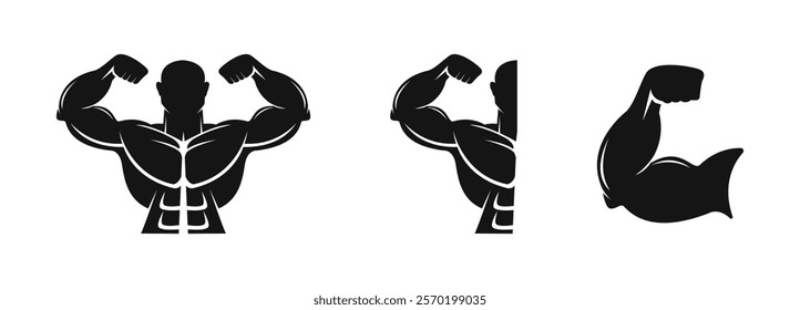 Silhouettes of Muscular Bodybuilding Poses Vector Flat Icon Set