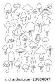 Silhouettes of mushrooms of various types and shapes on a white background. Hand-drawn. All objects are separated. Vector illustration.