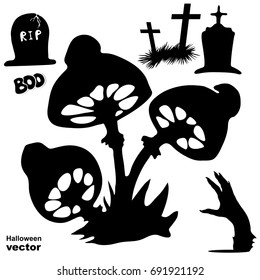 Silhouettes of mushrooms-trash, graves, dead hands. Halloween element design.