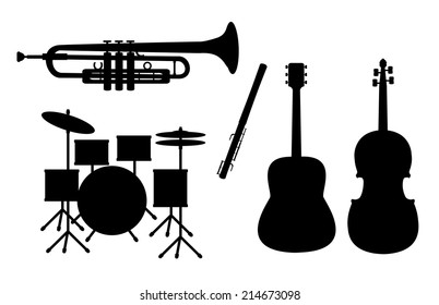 Silhouettes of musical instruments - drums, trumpet, guitar, flute and violin