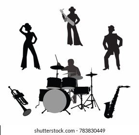  silhouettes of a musician with drums and girls in dance costumes