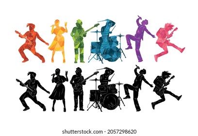 Silhouettes of musicians. Group of people with musical instruments illustration. Music rock'n'roll vector background 