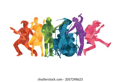 Silhouettes of musicians. Group of people with musical instruments illustration. Music rock'n'roll, jazz vector background 