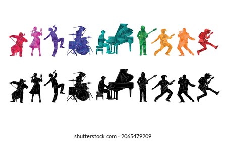 Silhouetten von Musikern. Gruppe von Menschen mit Musikinstrumenten Illustration. Musik-Rock und -Roll, Jazz, Vektorhintergrund 