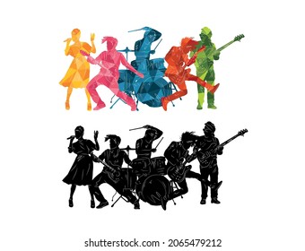 Silhouettes of musicians. Group of people with musical instruments illustration. Music rock'n'roll, jazz vector background 