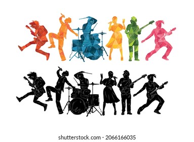 Silhouetten von Musikern. Gruppe von Menschen mit Musikinstrumenten Illustration. Musik-Rock und -Roll, Jazz, Vektorhintergrund 