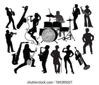 Silhouettes of musicians with instruments and microphones