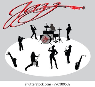 silhouettes of musicians performing jazz and singer, saxophone and text on a gray and white background