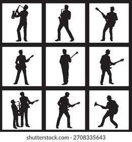 Silhuetas de Músicos Tocando Vários Instrumentos no Design Gráfico de Composição