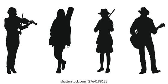 Silhouettes of musicians playing various instruments, including violin, guitar, and performers with musical gear, shown in different standing poses.