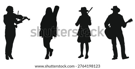 Silhouettes of musicians playing various instruments, including violin, guitar, and performers with musical gear, shown in different standing poses.