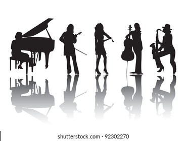 Silhouettes of musicians playing various musical instruments violin and a piano 