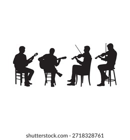 Silhuetas de músicos tocando vários instrumentos de cordas em cadeiras