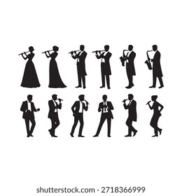 Silhouetten von Musikern, die verschiedene Bläser und Blasinstrumente zusammen spielen