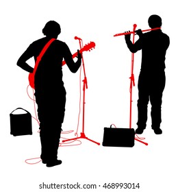 Silhouettes musicians plays the guitar and flute. Vector illustration.