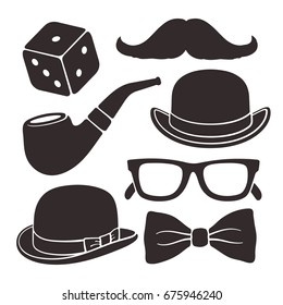 Silhouettes of mustache, glasses, hat bowler, smoking pipe and bow tie. Vector illustration set. Gentlemen's vintage accessories. Men's fashion and style. Isolated on white background