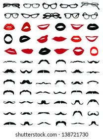 Silhouettes of mustaches, glasses and lips-vector