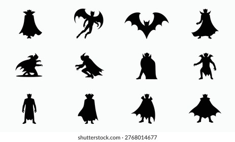 Silhouettes of mythical creatures and vampires in dramatic poses featuring bats cloaked figures and gothic characters in shadowy black tones