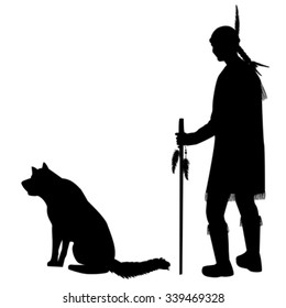 Silhouettes of a Native American Indian with his dog