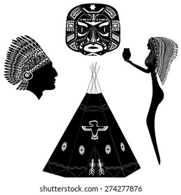 Silhouettes Native American woman, man, mask, tent
