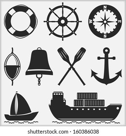 Silhouettes of nautical objects, vector eps10 illustration