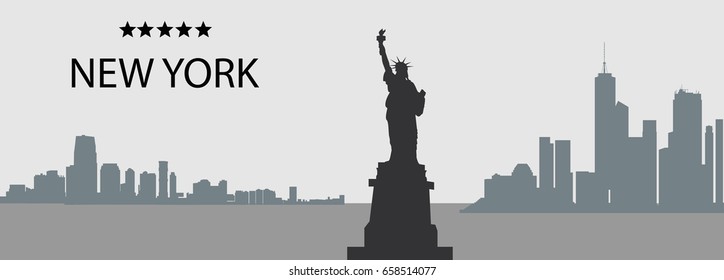 Silhouettes of New York City, USA, Skyscrapers and Statue of Liberty vector panorama in grey and black colors