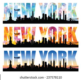 Silhouettes of New York most famous landmarks with colorful sky forming the word. Editable vector illustration with elements as separate objects. Airplane can be (re)moved.