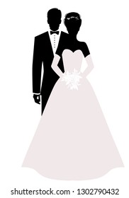 Silhouettes of newlyweds couple wearing wedding clothes. Classic Style. Elegant groom and beautiful bride holding bridal bouquet.