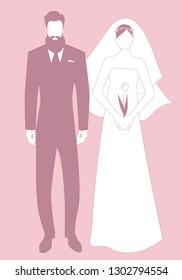Silhouettes of newlyweds couple wearing wedding clothes. Stylish bearded groom and beautiful bride with veil holding a tulip