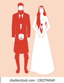 Silhouettes of newlyweds couple wearing wedding clothes Scottish style. Stylish bearded and redhead groom wearing traditional Scottish clothes and beautiful long-haired redhead bride holding a tulip