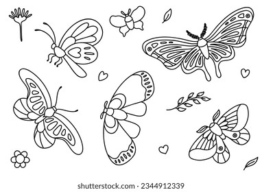 Silhouettes of night butterflies, flowers, leaves, hearts. Vector illustration for coloring page.