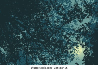 Silhouettes of night deciduous forest and full moon. detailed vector illustration