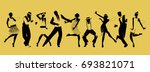 Silhouettes of nine people dancing Charleston. Vector Illustration