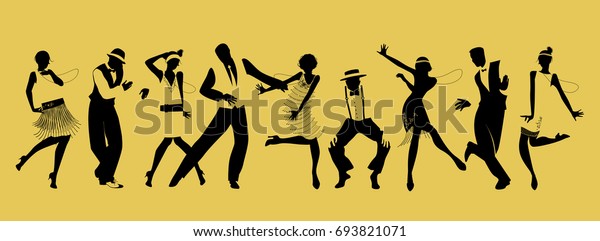 Silhouettes of nine people dancing\
Charleston. Vector\
Illustration