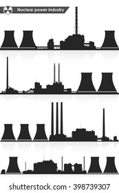 Silhouettes of nuclear power plants isolated on white background. Nuclear Reactors set.  Nuclear. Thermal power stations set. Vector nuclear power plants illustration. 