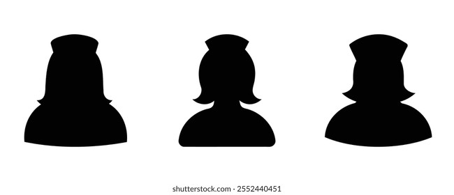 Silhouettes of nurse icons in a minimalistic style, featuring three variations of female figures with nurse hats, ideal for medical and healthcare themes