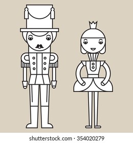 Silhouettes of nutcracker soldier and ballerina on light grey background, isolated.