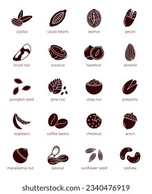 Silhouettes of nuts, beans and seeds vector icons set