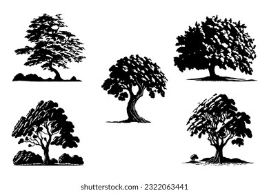 Silhouettes of oak trees in winter. Tree illustration with snow shadow effect