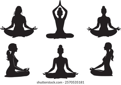 Silhouettes od women sitting in Yoga lotus pose 