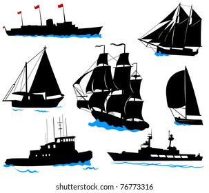 Silhouettes of offshore ships - yacht, fishing boat, the warship.