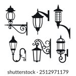 Silhouettes of old street lamps that showcase intricate designs that highlight their vintage appeal. Isolated on a white background, they highlight timeless architectural beauty.