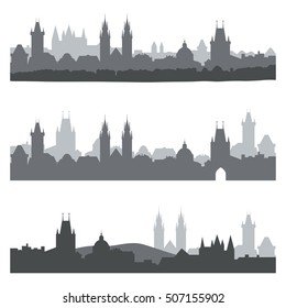 Silhouettes of old town of Prague. Set of city skylines in dark colors. Vector illustration for website or banner.