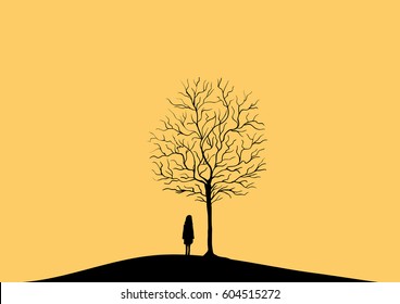 黄色い背景に古い木のシルエットと裸の枝と孤独な女性 抽象的なフラットベクター画像 自然イラスト のベクター画像素材 ロイヤリティフリー Shutterstock