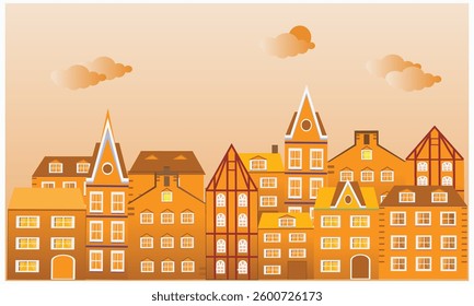 Silhouettes of old village houses with windows, city, residential areas