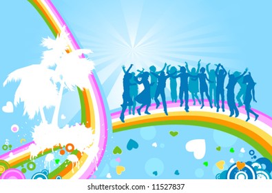 silhouettes on abstract design with rainbow