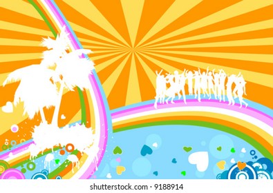 silhouettes on abstract design with rainbow